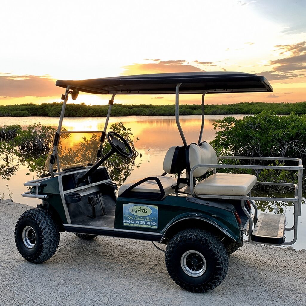 Aviz golf cart beside the water on Ambergris Caye, Belize