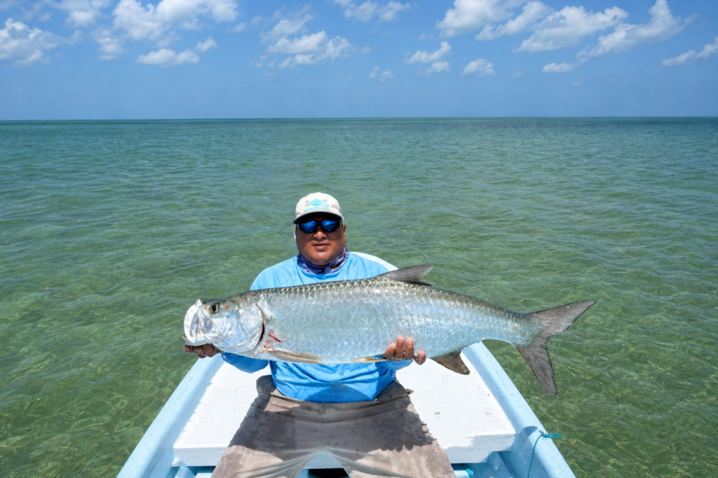 Captain Hazi Verde holding a large tarpon on a fishing boat
